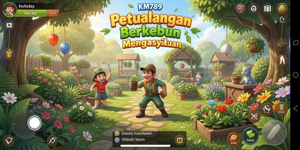 Tampilan screenshot utama KM789 yang menunjukkan kebun yang indah.
